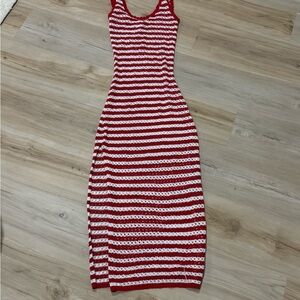 Shade & Shore Red and White Crochet Midi Dress